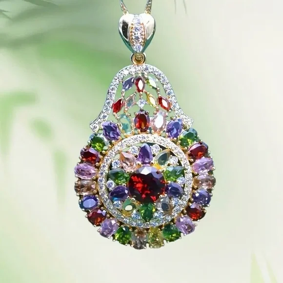 Multicolor Gemstone Pendant Necklace. - Picture 3 of 6